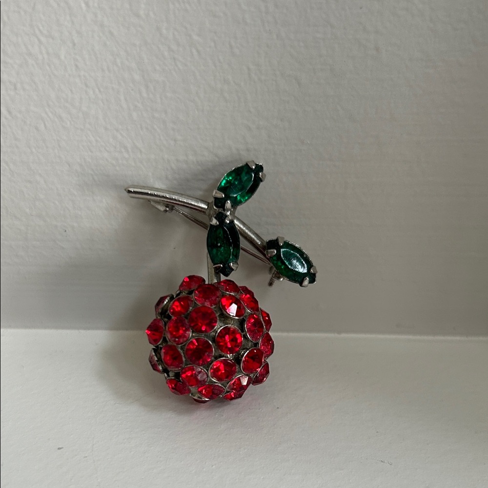 WEISS Red Crystal Cherry Brooch with Green Leaves in Silver-tone setting